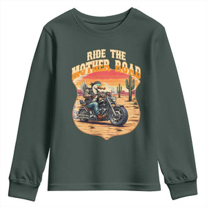 Funny Route Highway 66 Goose Biker Youth Sweatshirt Ride The Mother Road TS12 Dark Forest Green Print Your Wear