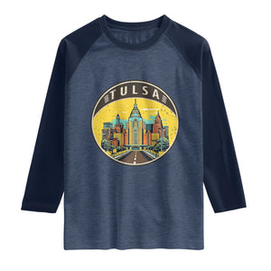 Vintage Tulsa Oklahoma Cityscape Pride Raglan Shirt TS12 Heather Denim Navy Print Your Wear