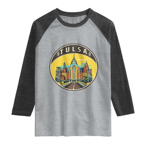 Vintage Tulsa Oklahoma Cityscape Pride Raglan Shirt TS12 Heather Gray Heather Charcoal Print Your Wear