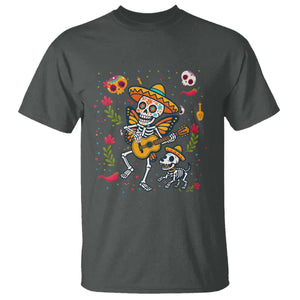 Day Of The Dead Skeleton T Shirt Playing Guitar With Dog Mexican Festival TS12 Dark Heather Print Your Wear