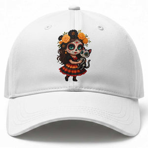 Day Of The Dead Latina Baseball Cap Cute Girl With Skeleton Kitten Floral Skull TS12 Print Your Wear