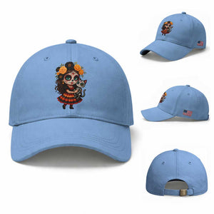 Day Of The Dead Latina Baseball Cap Cute Girl With Skeleton Kitten Floral Skull TS12 Baseball Cap Universal Fit Light Blue Print Your Wear