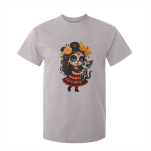 Day Of The Dead Latina T Shirt For Kid Cute Girl With Skeleton Kitten Floral Skull TS12 Ice Gray Print Your Wear
