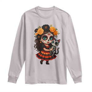 Day Of The Dead Latina Long Sleeve Shirt Cute Girl With Skeleton Kitten Floral Skull TS12 Ice Gray Print Your Wear