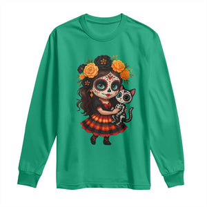 Day Of The Dead Latina Long Sleeve Shirt Cute Girl With Skeleton Kitten Floral Skull TS12 Irish Green Print Your Wear