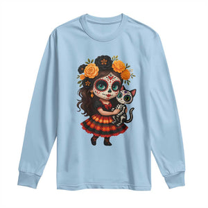 Day Of The Dead Latina Long Sleeve Shirt Cute Girl With Skeleton Kitten Floral Skull TS12 Light Blue Print Your Wear