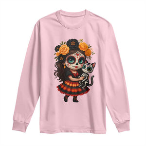 Day Of The Dead Latina Long Sleeve Shirt Cute Girl With Skeleton Kitten Floral Skull TS12 Light Pink Print Your Wear