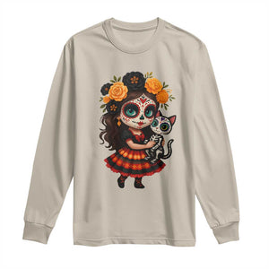 Day Of The Dead Latina Long Sleeve Shirt Cute Girl With Skeleton Kitten Floral Skull TS12 Sand Print Your Wear