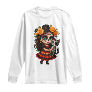 Day Of The Dead Latina Long Sleeve Shirt Cute Girl With Skeleton Kitten Floral Skull TS12 White Print Your Wear
