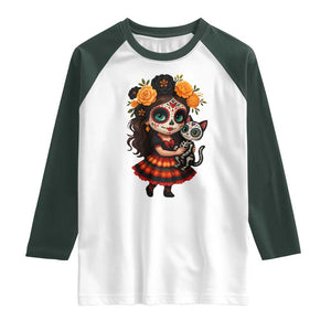 Day Of The Dead Latina Raglan Shirt Cute Girl With Skeleton Kitten Floral Skull TS12 White Dark Forest Green Print Your Wear