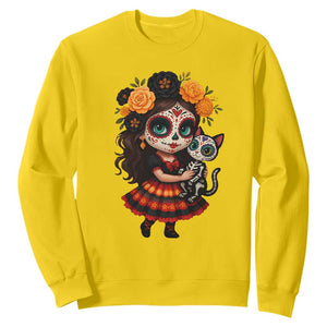 Day Of The Dead Latina Sweatshirt Cute Girl With Skeleton Kitten Floral Skull TS12 Daisy Print Your Wear