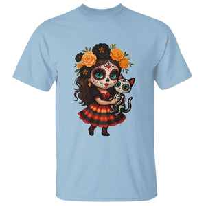 Day Of The Dead Latina T Shirt Cute Girl With Skeleton Kitten Floral Skull TS12 Light Blue Print Your Wear