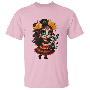Day Of The Dead Latina T Shirt Cute Girl With Skeleton Kitten Floral Skull TS12 Light Pink Print Your Wear