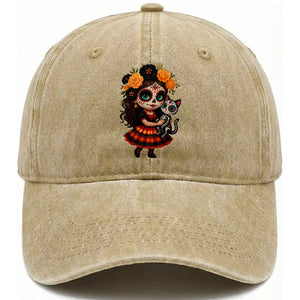 Day Of The Dead Latina Washed Cotton Baseball Cap Cute Girl With Skeleton Kitten Floral Skull TS12 Print Your Wear