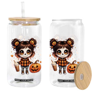Halloween Autumn Spooky Fall Gift Glass Can Cute Chibi Skeleton Girl Pumpkin Spice Latte
