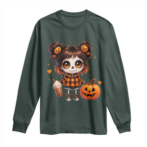 Halloween Autumn Spooky Fall Gift Long Sleeve Shirt Cute Chibi Skeleton Girl Pumpkin Spice Latte TS12 Dark Forest Green Print Your Wear