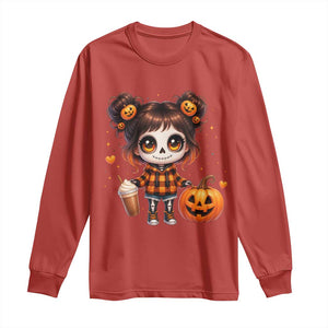 Halloween Autumn Spooky Fall Gift Long Sleeve Shirt Cute Chibi Skeleton Girl Pumpkin Spice Latte TS12 Red Print Your Wear