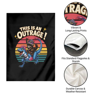 This Is An Outrage Cat Riding Dinosaur Garden Flag Sci-Fi Book Lover Gift
