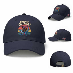 This Is An Outrage Cat Riding Dinosaur Baseball Cap Sci-Fi Book Lover Gift