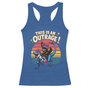 This Is An Outrage Cat Riding Dinosaur Racerback Tank Top Sci-Fi Book Lover Gift