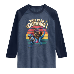 This Is An Outrage Cat Riding Dinosaur Raglan Shirt Sci-Fi Book Lover Gift