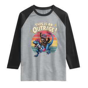 This Is An Outrage Cat Riding Dinosaur Raglan Shirt Sci-Fi Book Lover Gift