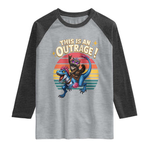 This Is An Outrage Cat Riding Dinosaur Raglan Shirt Sci-Fi Book Lover Gift