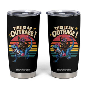 This Is An Outrage Cat Riding Dinosaur Tumbler Cup Sci-Fi Book Lover Gift