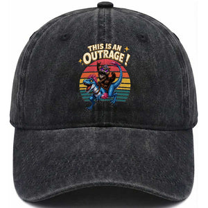 This Is An Outrage Cat Riding Dinosaur Washed Cotton Baseball Cap Sci-Fi Book Lover Gift