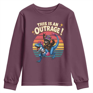 This Is An Outrage Cat Riding Dinosaur Youth Sweatshirt Sci-Fi Book Lover Gift