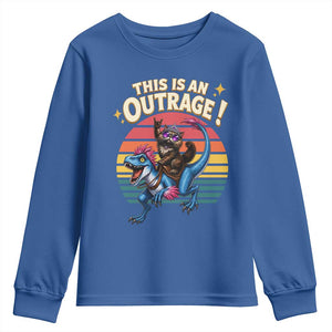 This Is An Outrage Cat Riding Dinosaur Youth Sweatshirt Sci-Fi Book Lover Gift