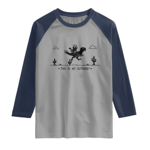 Funny Cat Riding Dinosaur Pixel Retro Raglan Shirt This Is An Outrage