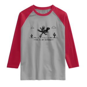 Funny Cat Riding Dinosaur Pixel Retro Raglan Shirt This Is An Outrage