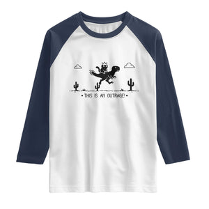 Funny Cat Riding Dinosaur Pixel Retro Raglan Shirt This Is An Outrage