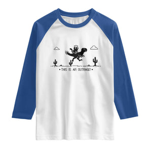 Funny Cat Riding Dinosaur Pixel Retro Raglan Shirt This Is An Outrage