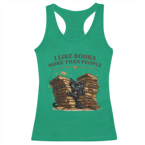 Funny Black Cat Bookworm Quote Racerback Tank Top I Like Books More Than People