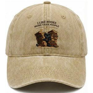 Funny Black Cat Bookworm Quote Washed Cotton Baseball Cap I Like Books More Than People