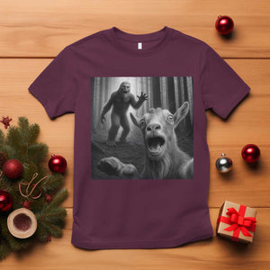Goat Selfie With Bigfoot T Shirt Funny Cryptid Gift TS12 Maroon Print Your Wear