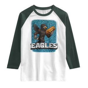 Funny Eagle With Cheesesteak Raglan Shirt Football Glitter Print TS12 White Dark Forest Green Print Your Wear