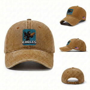 Funny Eagle With Cheesesteak Washed Cotton Baseball Cap Football Glitter Print TS12 Washed Cap Universal Fit Yellow Ochre Print Your Wear