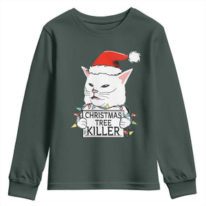 Funny Xmas Grumpy Cat Youth Sweatshirt Christmas Tree Killer Santa Kitten TS12 Dark Forest Green Print Your Wear