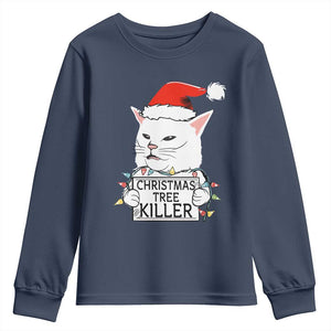 Funny Xmas Grumpy Cat Youth Sweatshirt Christmas Tree Killer Santa Kitten TS12 Navy Print Your Wear