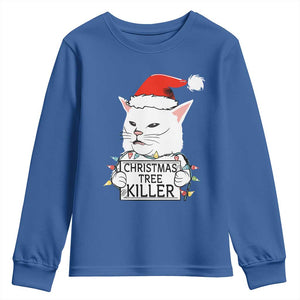 Funny Xmas Grumpy Cat Youth Sweatshirt Christmas Tree Killer Santa Kitten TS12 Royal Blue Print Your Wear
