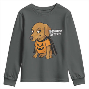 Halloween Dachshund Dog Youth Sweatshirt Did Somebody Say Treat Meme TS12 Dark Heather Print Your Wear