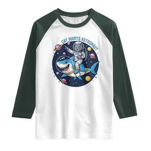 Funny Space Cat Wants Astronaut Raglan Shirt Sharks Sci fi Fan Universe TS12 White Dark Forest Green Print Your Wear