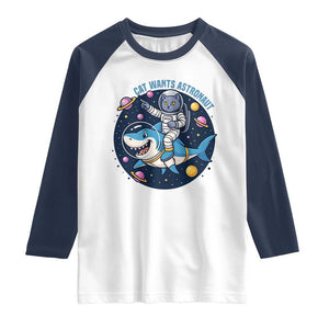 Funny Space Cat Wants Astronaut Raglan Shirt Sharks Sci fi Fan Universe TS12 White Navy Print Your Wear