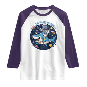 Funny Space Cat Wants Astronaut Raglan Shirt Sharks Sci fi Fan Universe TS12 White Purple Print Your Wear