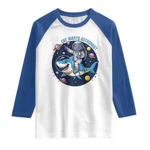 Funny Space Cat Wants Astronaut Raglan Shirt Sharks Sci fi Fan Universe TS12 White Royal Print Your Wear