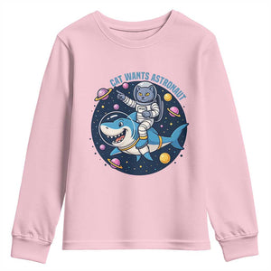 Funny Space Cat Wants Astronaut Youth Sweatshirt Sharks Sci fi Fan Universe TS12 Light Pink Print Your Wear