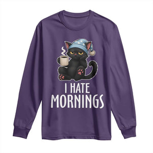 Funny I Hate Mornings Long Sleeve Shirt Cute Lazy Cat Drink Coffee TS12 Purple Print Your Wear